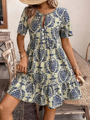 Tie Neck Short Sleeve Dress DJPT